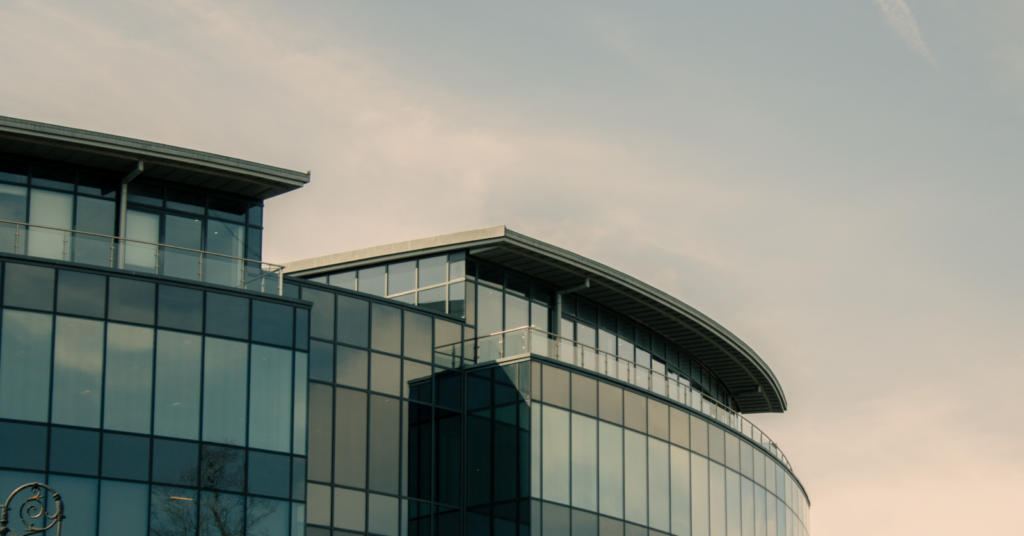 A contemporary glass office building in Chester, England showcasing modern architecture.